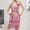 Women's Belly Dance Outfits Latin Dance Costume Sequins Fringe Skirt and Halter Bra Crop Top for Rave Cabaret Party