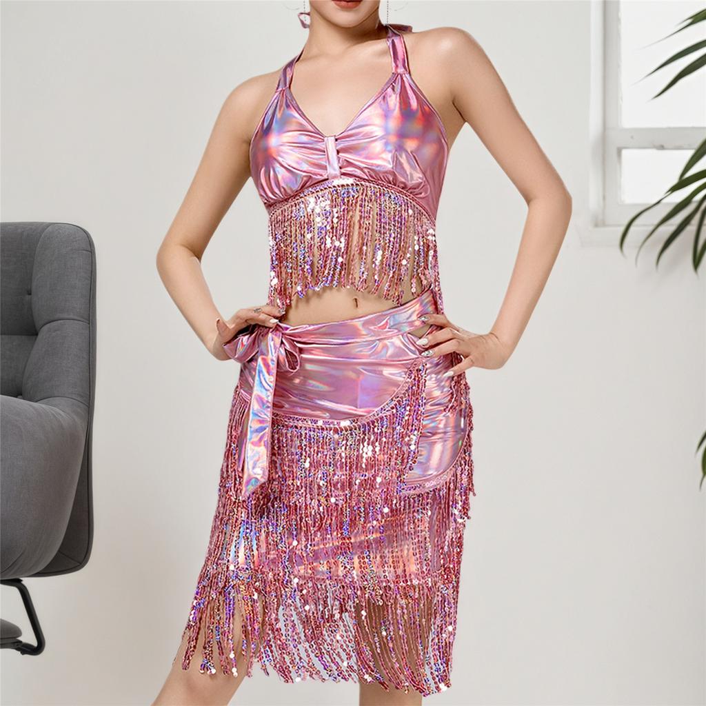 Women's Belly Dance Outfits Latin Dance Costume Sequins Fringe Skirt and Halter Bra Crop Top for Rave Cabaret Party
