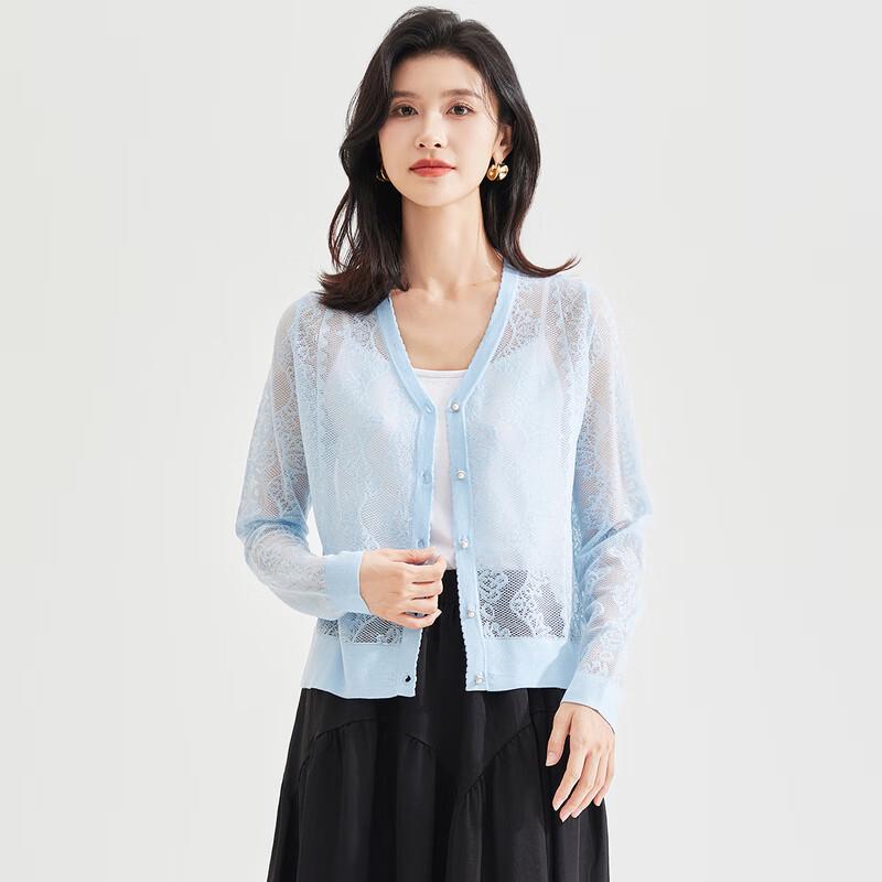 Women s V-Neck Silk Blend Openwork Knit Cardigan M