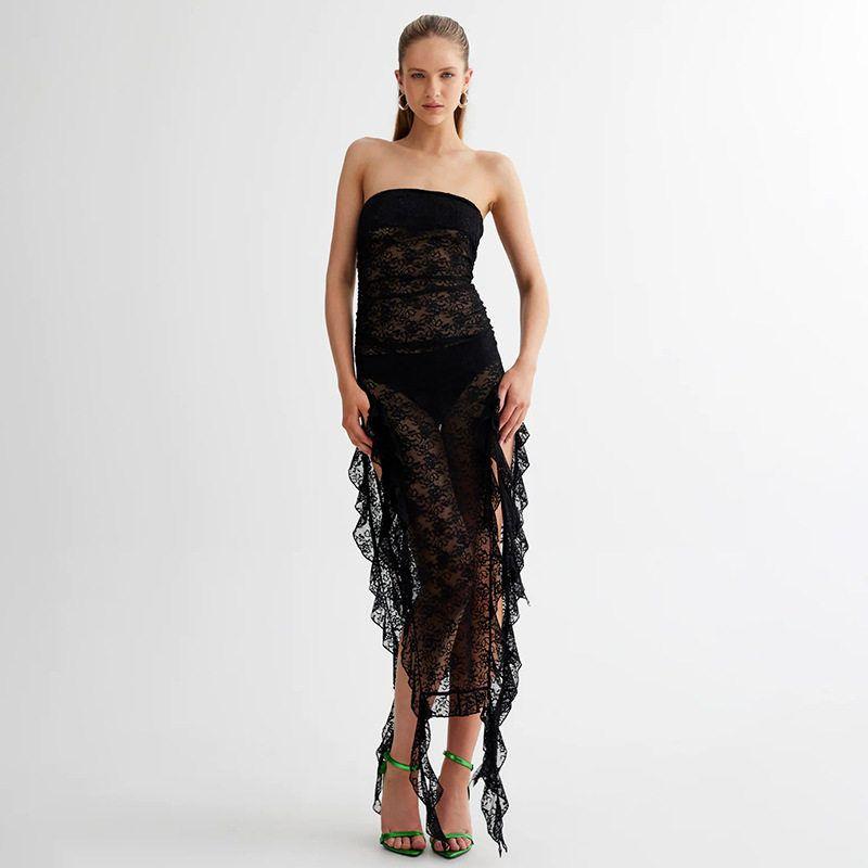 Foreign Trade Amazon Wish Women's New Lace See-Through Dress, Fashionable and Sexy Off-Shoulder Strapless Long Dress