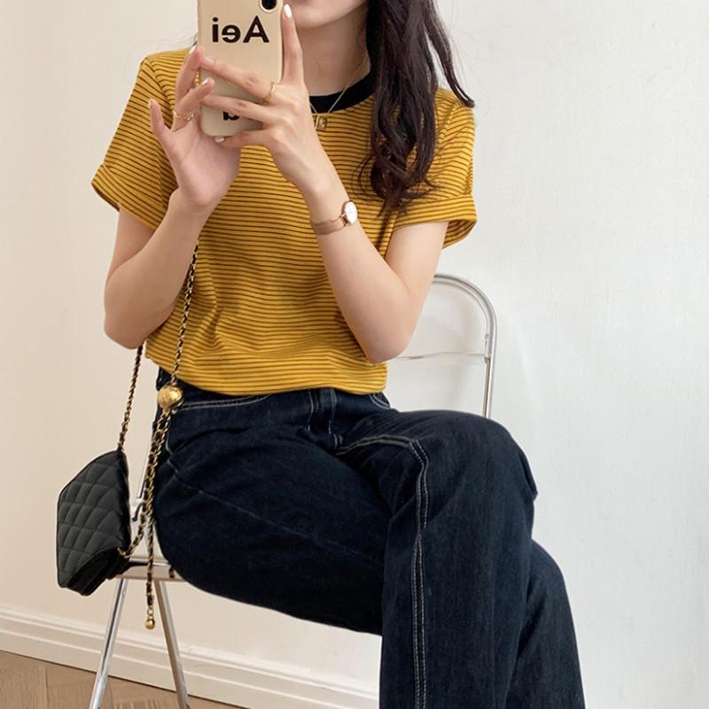 2025 Summer Fashion Women T-Shirts Stripe Graphic Tshirt Femme Harajuku Casual Loose Tee Shirt Gray Yellow Y2k Top Clothes T Shirt Female Streetwear