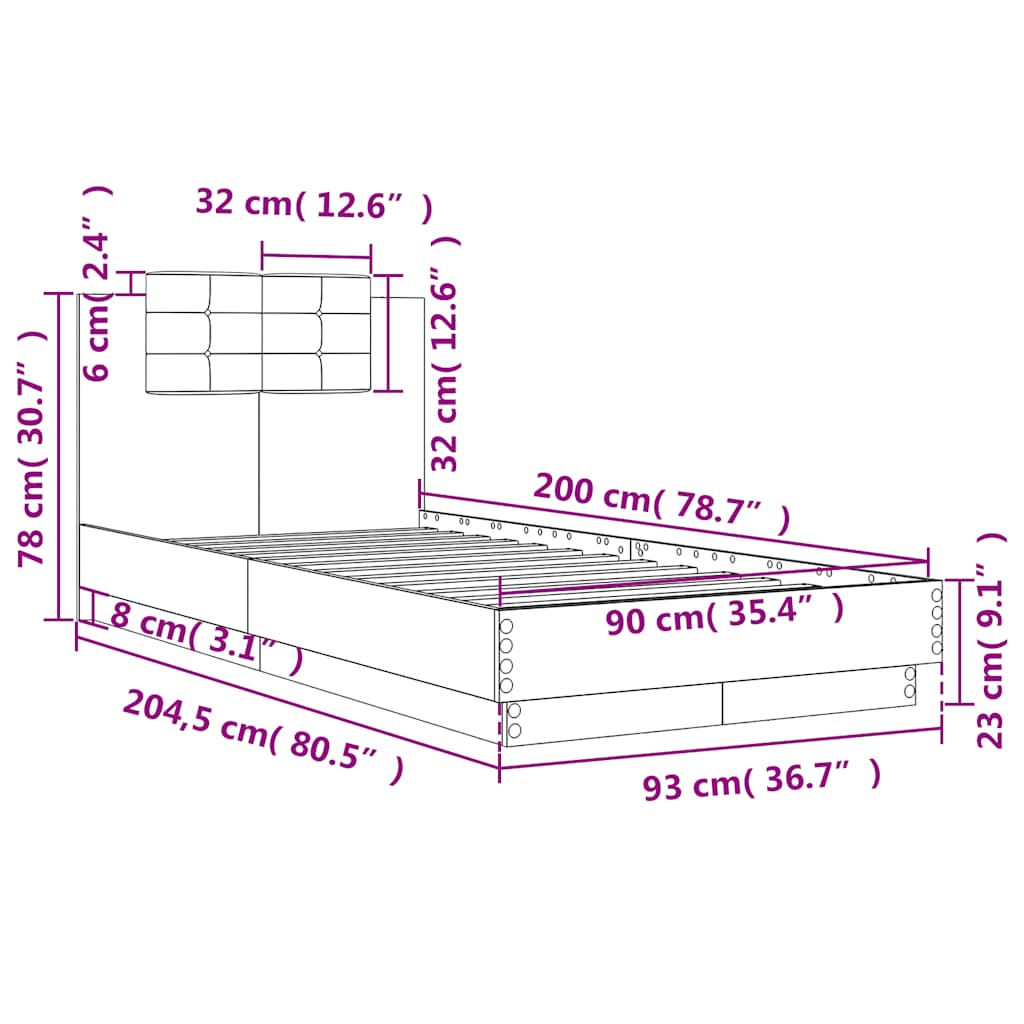 Bed Frame with Headboard and LED Lights Gray Sonoma 90x200 cm