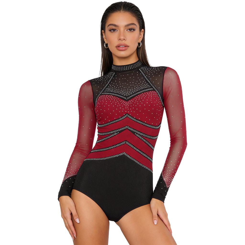 S-XXL Damen Performance Bodysuit: Rhinestone-Netz-Langarm mit Rückenausschnitt & Druckknöpfen im Schritt für Gymnastik, Eiskunstlauf