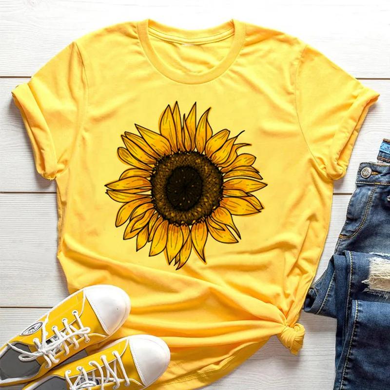 Sunflower Bee Yellow Women s T-shirt Aesthetic Pattern Short Sleeve Shirt Women Graphic T Shirts Summer Streetwear Fashion  Y2K M