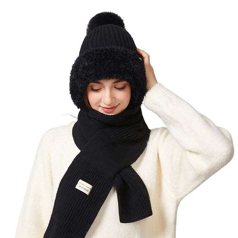 Winter Hat Long Scarf Integrated Wool Hat Women's Outdoor Ear and Neck Protection Double-Layer Velvet Warm Knitted Hat