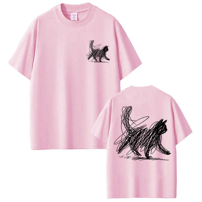 Funny Scribble Cat Japanese Graphic T Shirt Men Women Fashion Harajuku Novelty T-shirts Oversized Cotton Casual Tees