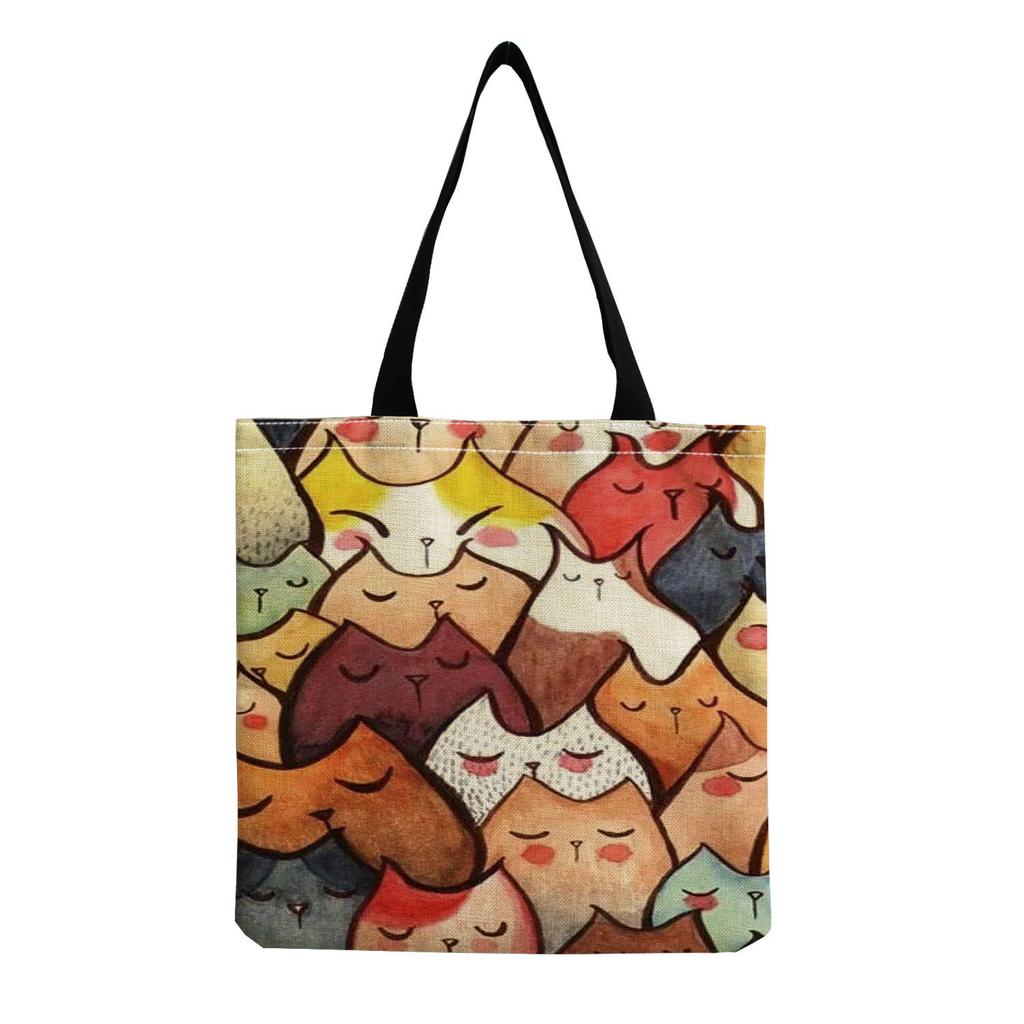 Women Vintage Linen Tote Bag - Large Capacity Print Shoulder Handbag for Casual & Grocery Shopping KTB