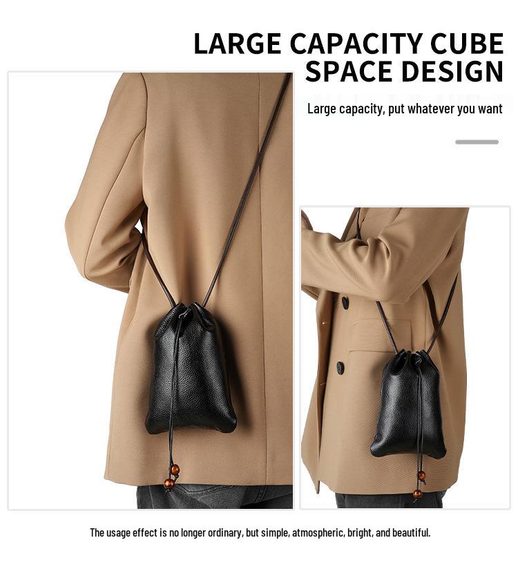 New Genuine Leather Drawstring Shoulder Bag with Earphone and Cable Storage - Korean Style Cowhide Messenger Bag
