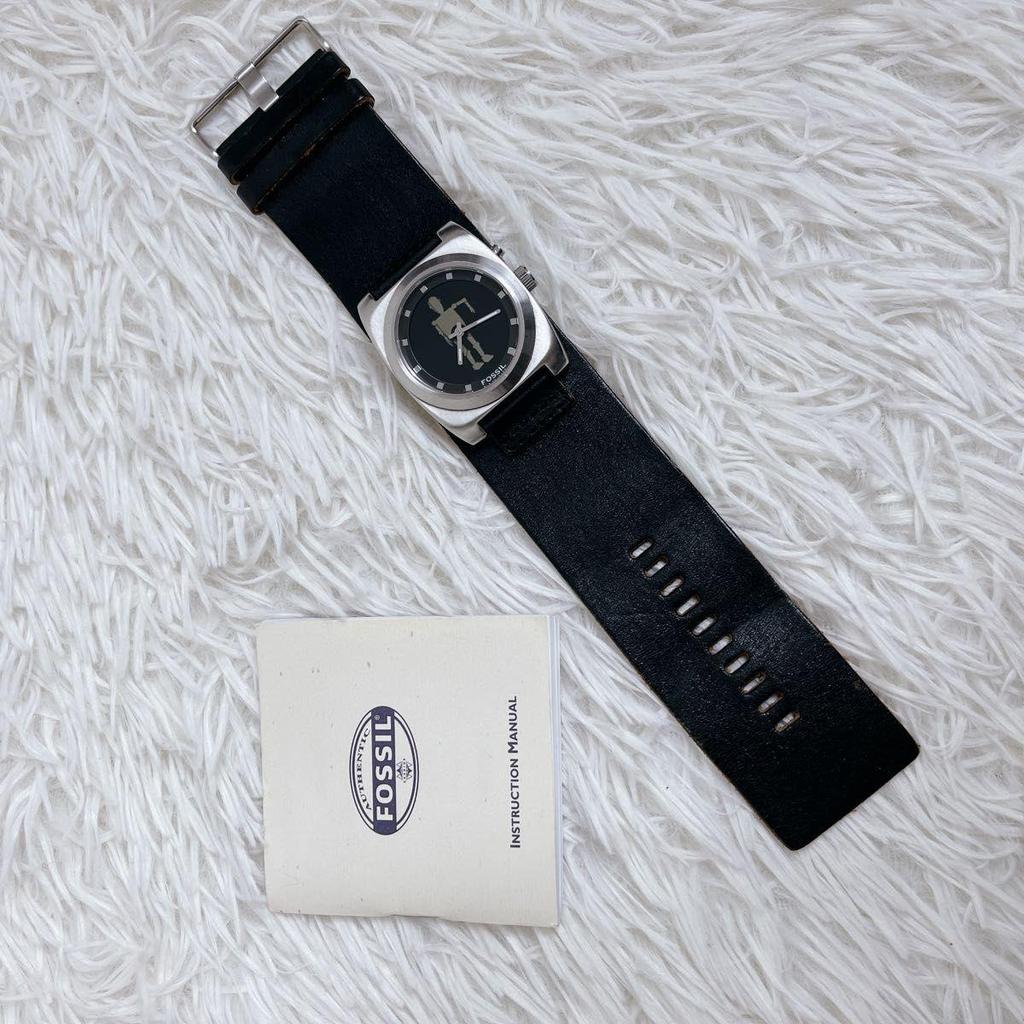 Used FOSSIL BIG TIC Robot Leather Watch Y2K Quartz