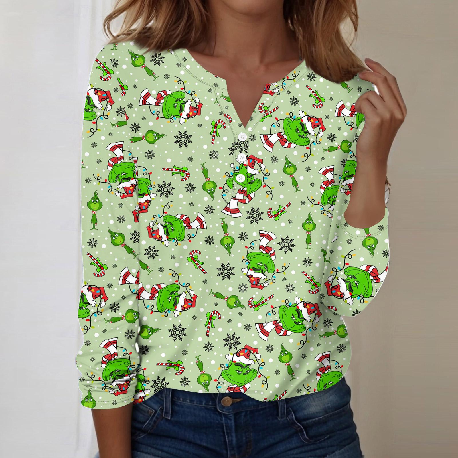 

Женская модная повседневная блузка с V-образным вырезом, длинным рукавом и декоративными пуговицами, с рождественским принтом M