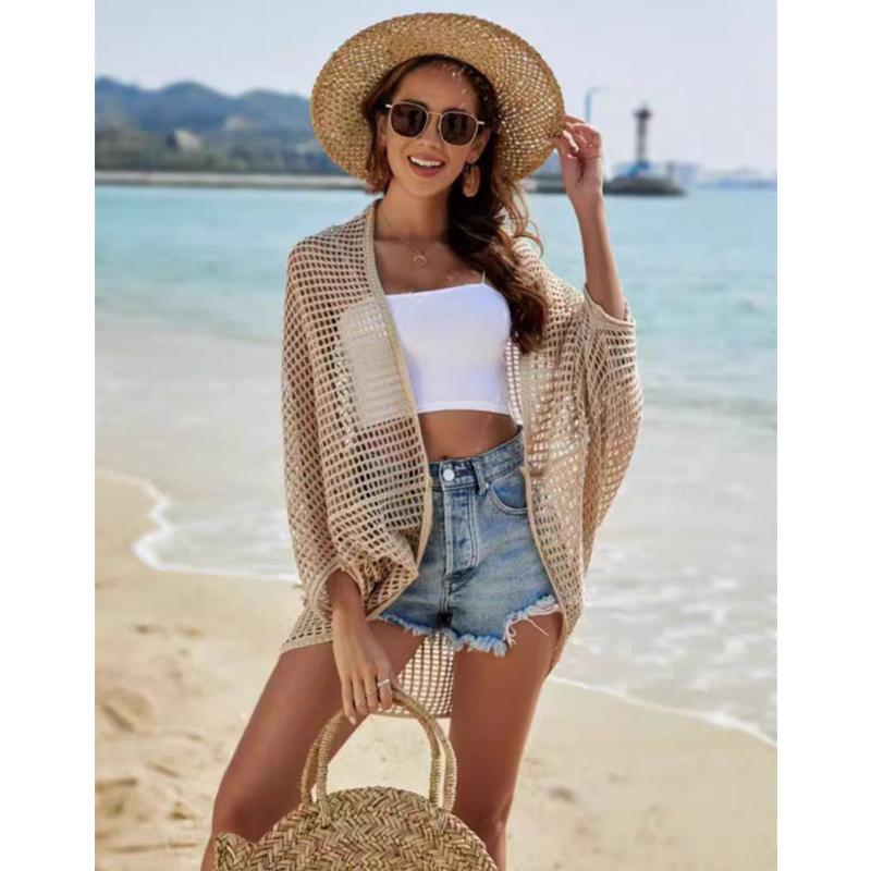 Women Sun Protection Shawl Lady Summer Hollow Out Knit Cardigan Holiday Solid Bikini Blouse Breathable Beach Cape Sexy Tippet Tops