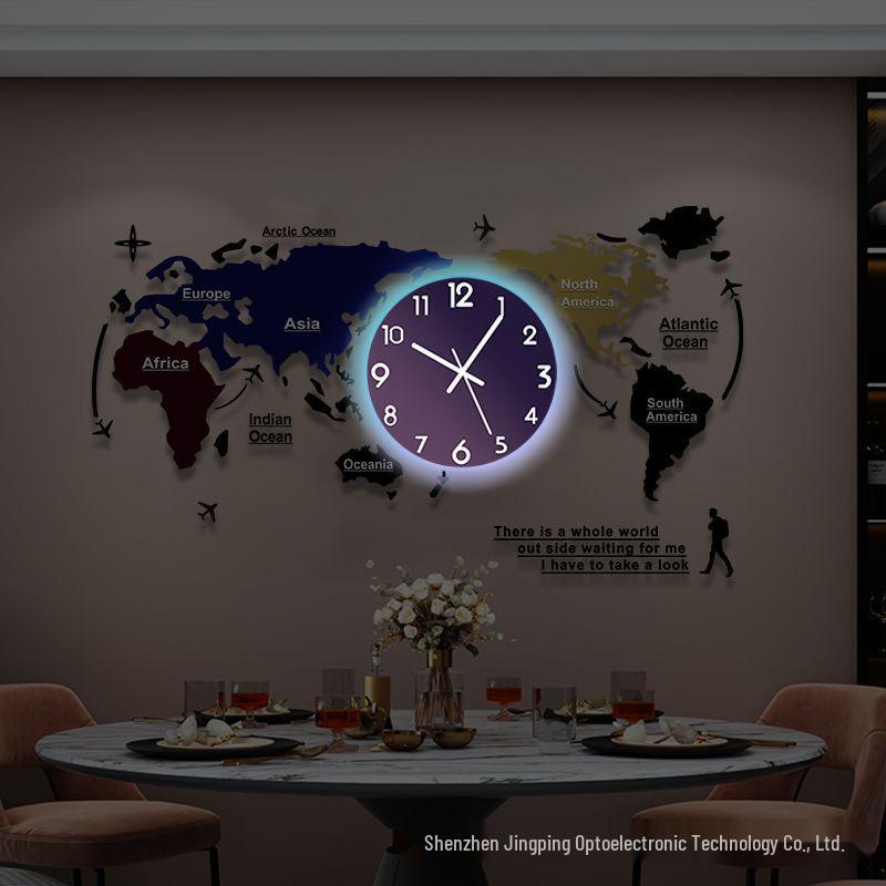 Creative World Map Wall Clock with Lamp & Perpetual Calendar for Living Room Decor
