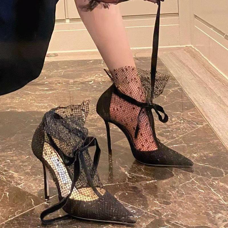 Fashion Sexy Pointed Toe Mesh Lace High Heels Women Summer Lace Up Breathable Dance Shoes Banquet Wedding Shoes Elegant Bow Women Pumps