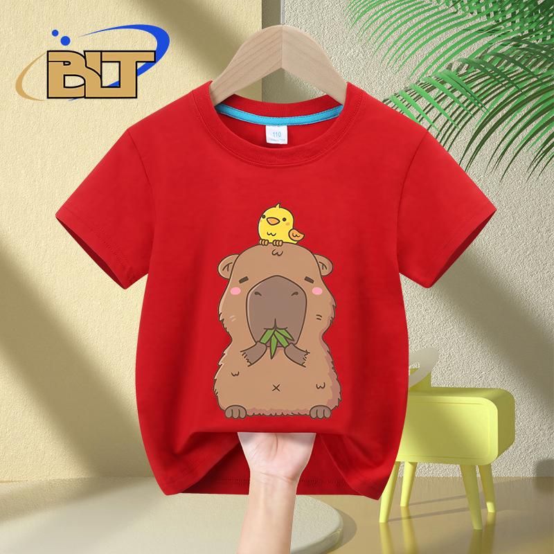

Cute Capybara with Yellow Bird Doodle Cartoon Print Kids T-shirt Summer Children s Cotton Short-sleeved Boys and Girls Suitable 160 красный
