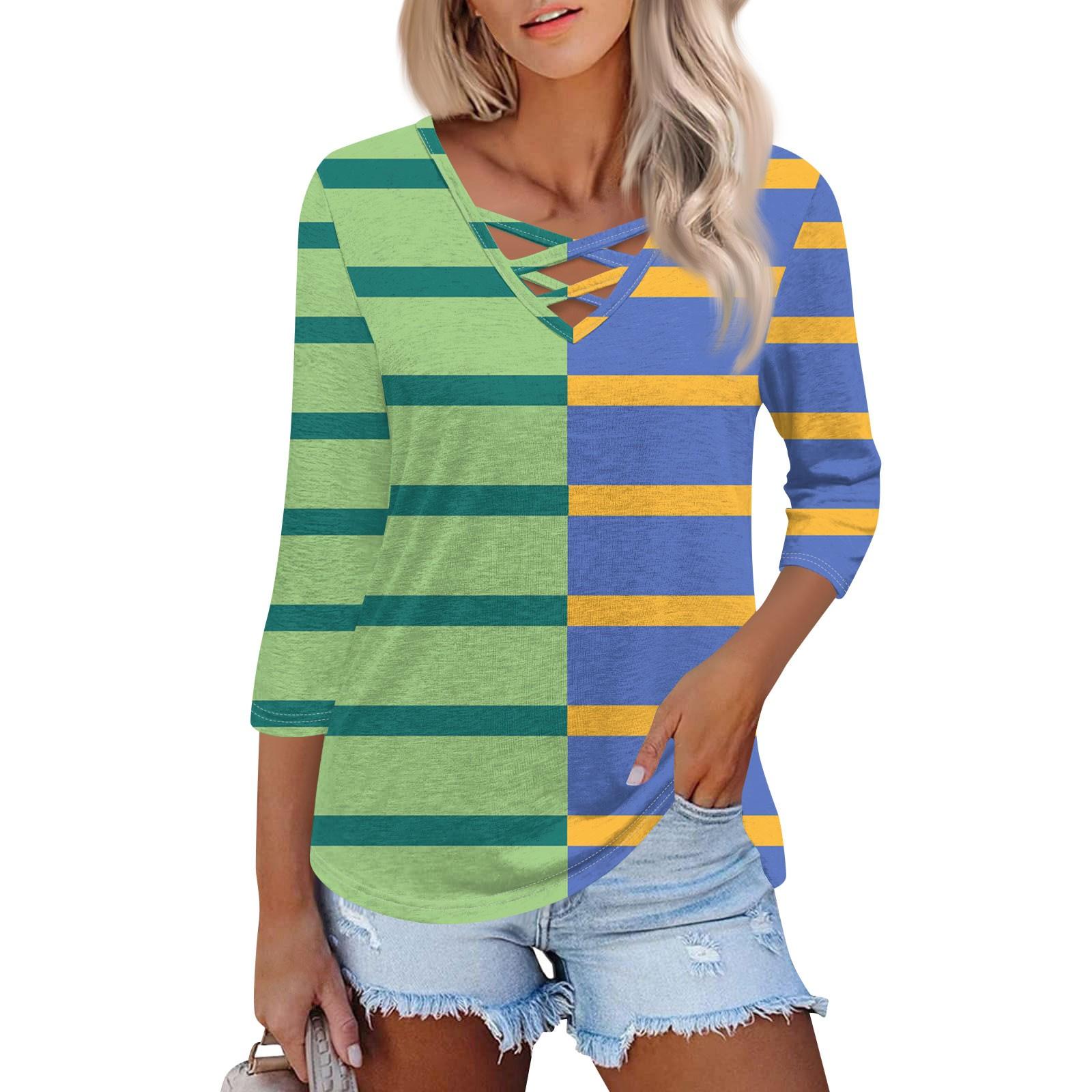 

Жіноча модна вільна футболка з V-подібним вирізом і сімома рукавами в смужку, повсякденний топ із принтом XL зелений