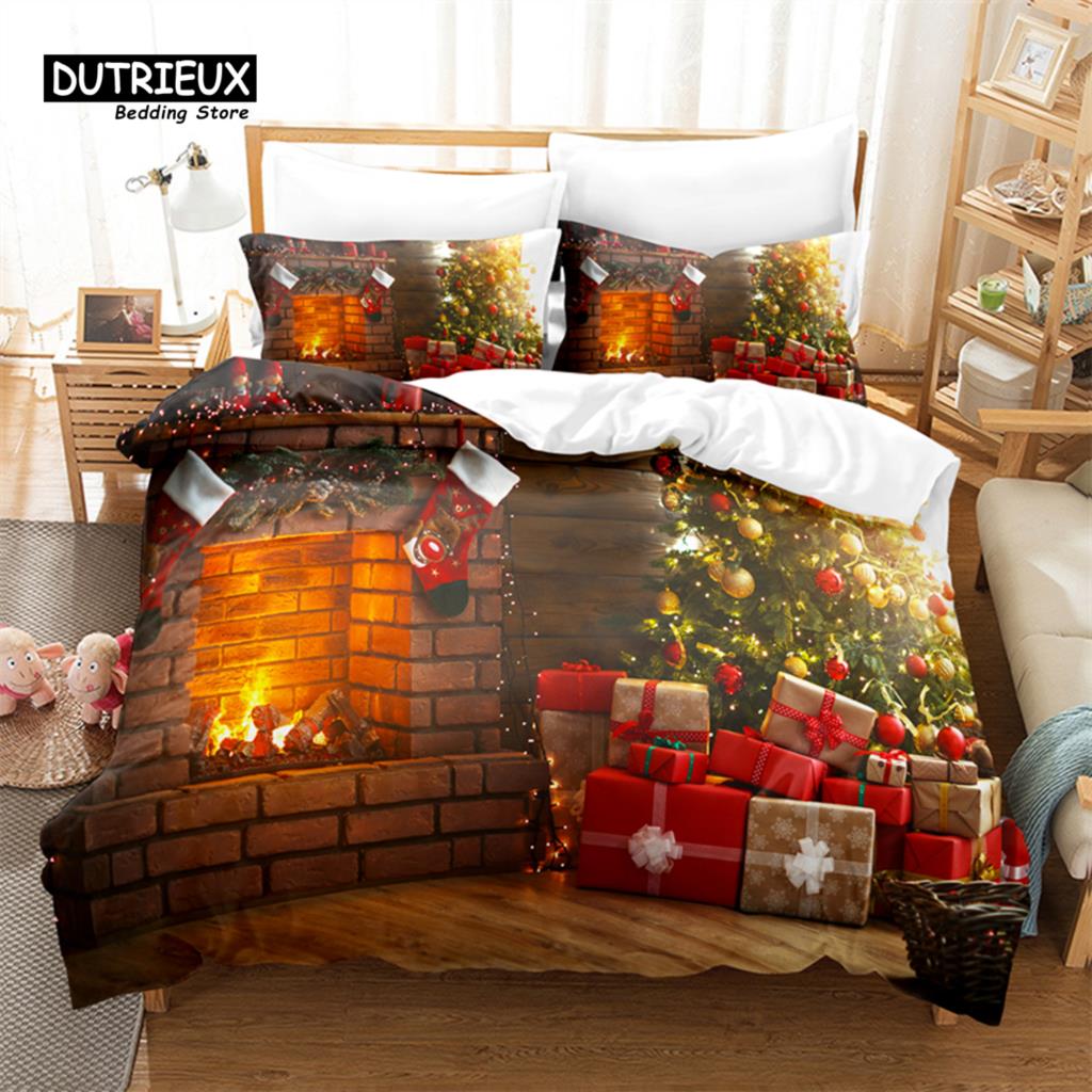 Fireplace Christmas Bedding Set, 3Pcs Duvet Cover Set, Soft Comfortable Breathable Duvet Cover, For Bedroom Guest Room Decor