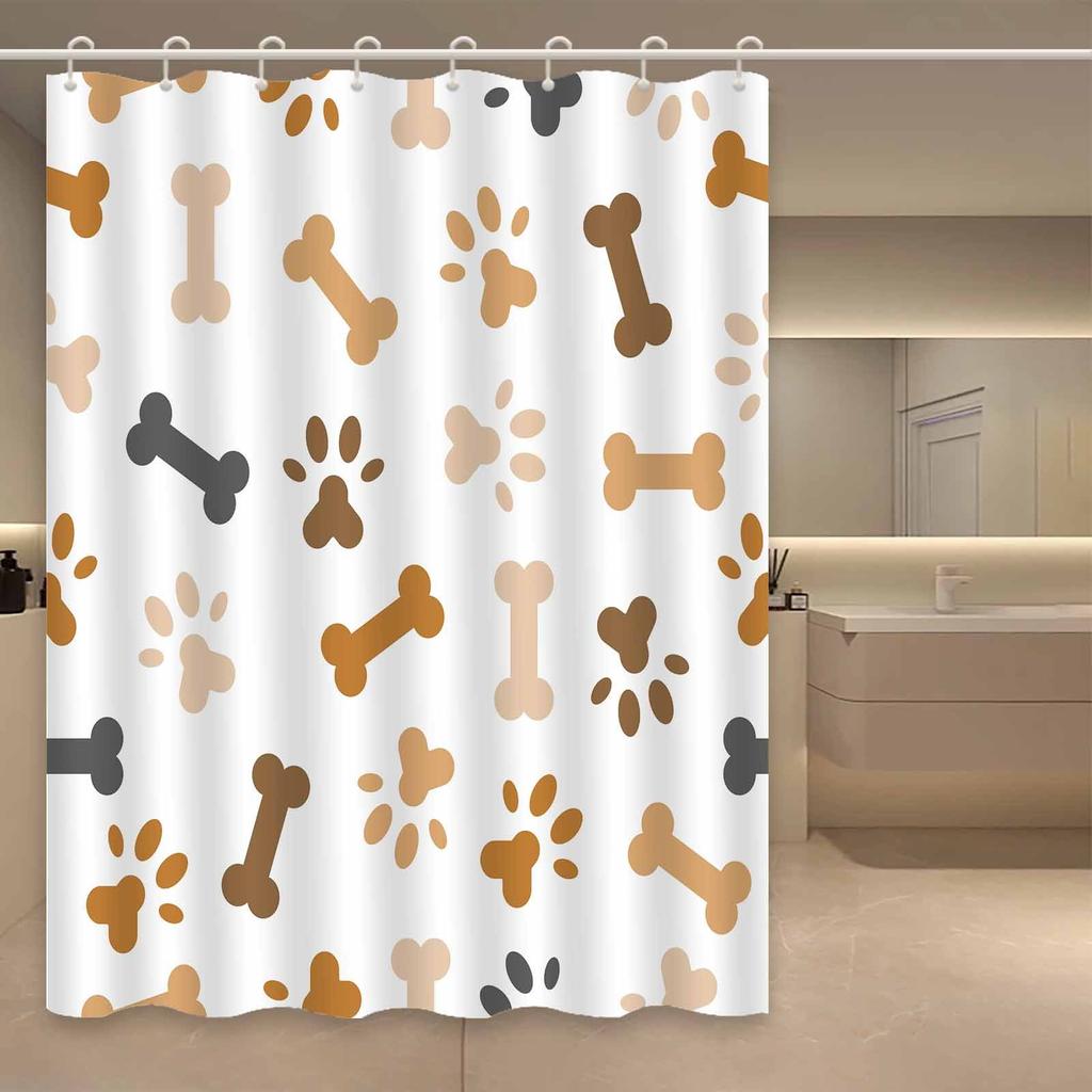 1Pc Modern Simple Cartoon Bone And Paw Print Shower Curtain Polyester Fabric, Machine Washable, Suitable For Bathroom Decoration