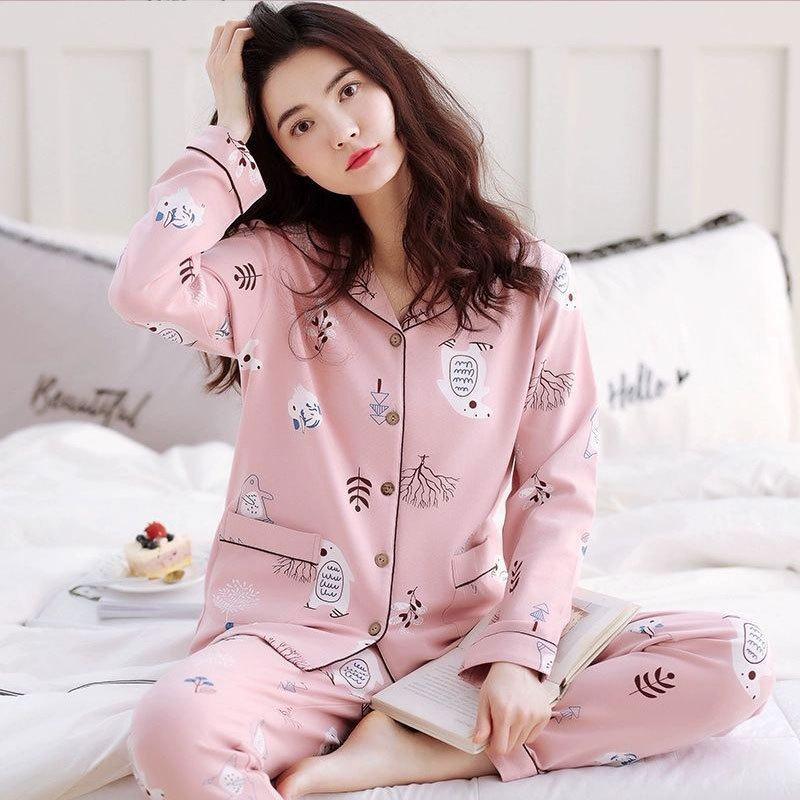Pajamas women's spring and autumn imitation cotton high value fresh and sweet love women's long-sleeved trousers set loose loungewear