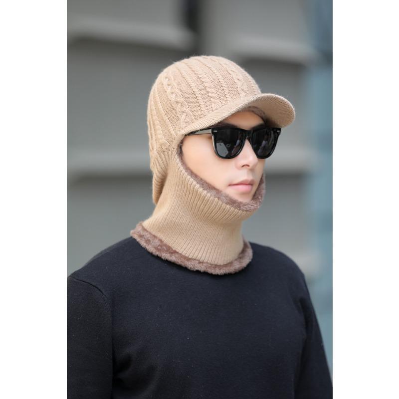 Men's Knitted Hat Autumn and Winter Outdoor Cycling Scarf Suit Cold Proof Woolen Hat Plus Velvet Warm Cold Hat for Men
