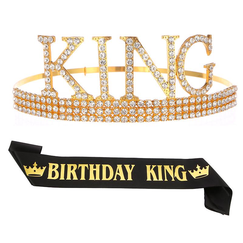 Men's Birthday King Crown and Sash Set - Party Hat Headdress for Cake Celebration