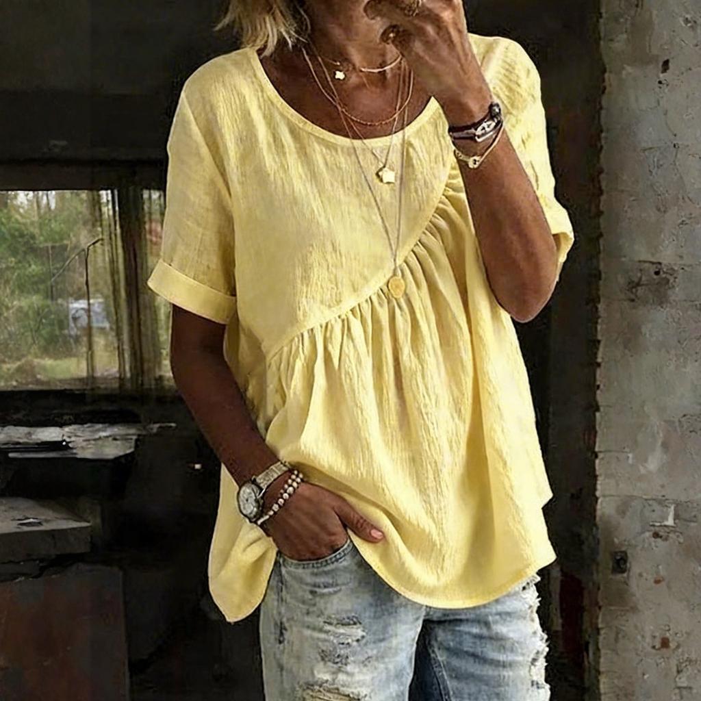 Women's Fashion Loose-Fit Round-Neck Short-Sleeve Gathered T-Shirt Top