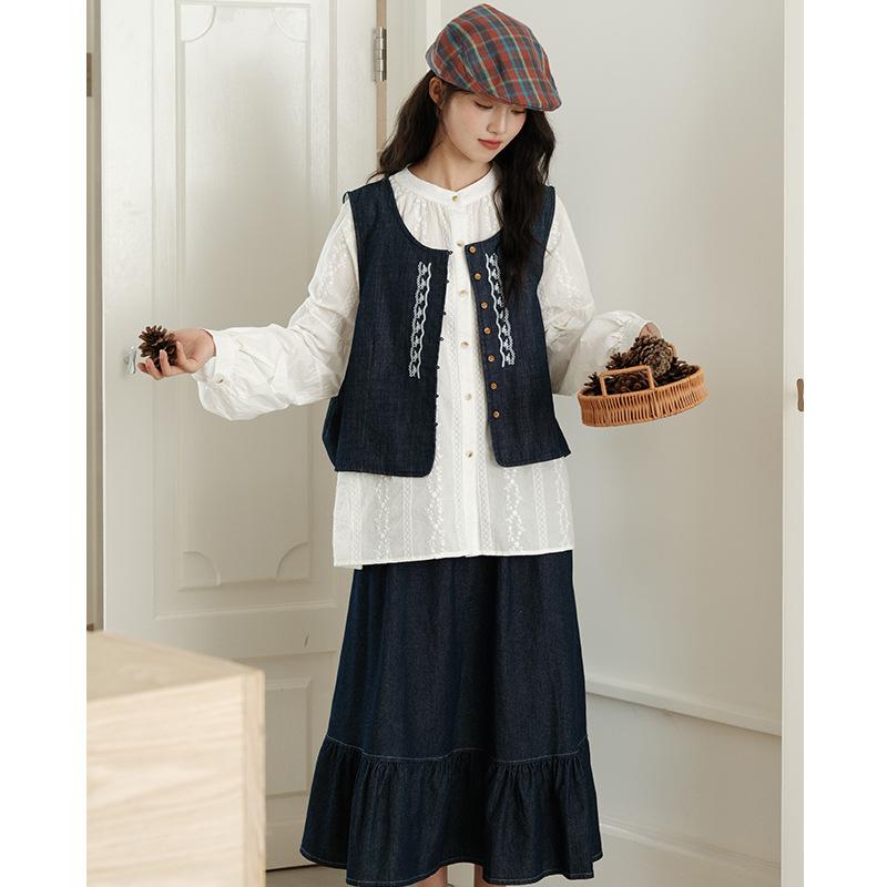 Autumn literary wash denim skirt women's medium and long skirt long skirt
