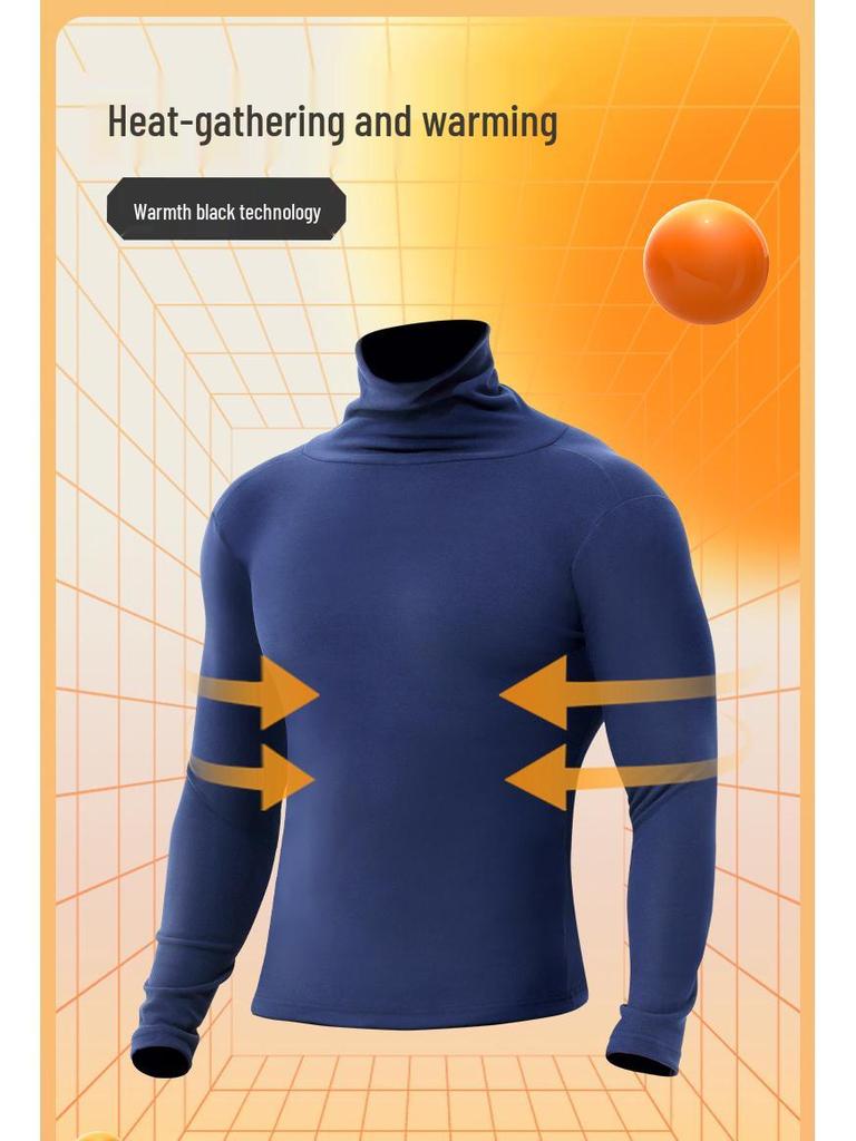 Herren Plüsch Verdicktes Herbst-Oberteil: Mittelhoher/Hoher Kragen, Warme Slim-Fit-Basisschicht mit langen Ärmeln