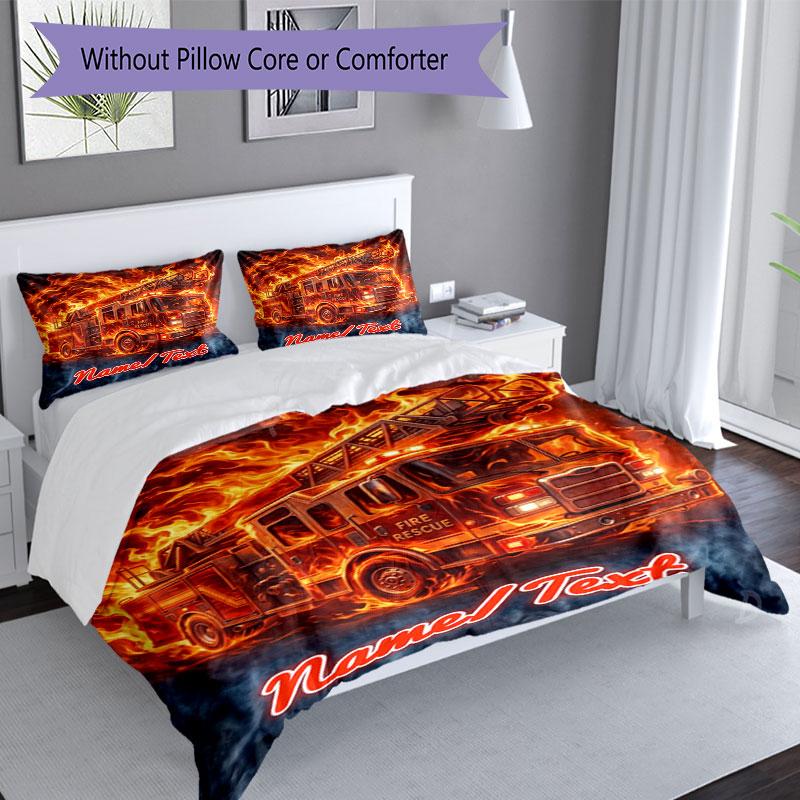 3PC Custom Name Fire Truck Flames Art Bedding Set Duvet Cover Closure Includes 1 Duvet Cover & 2 Pillowcases for Bedroom