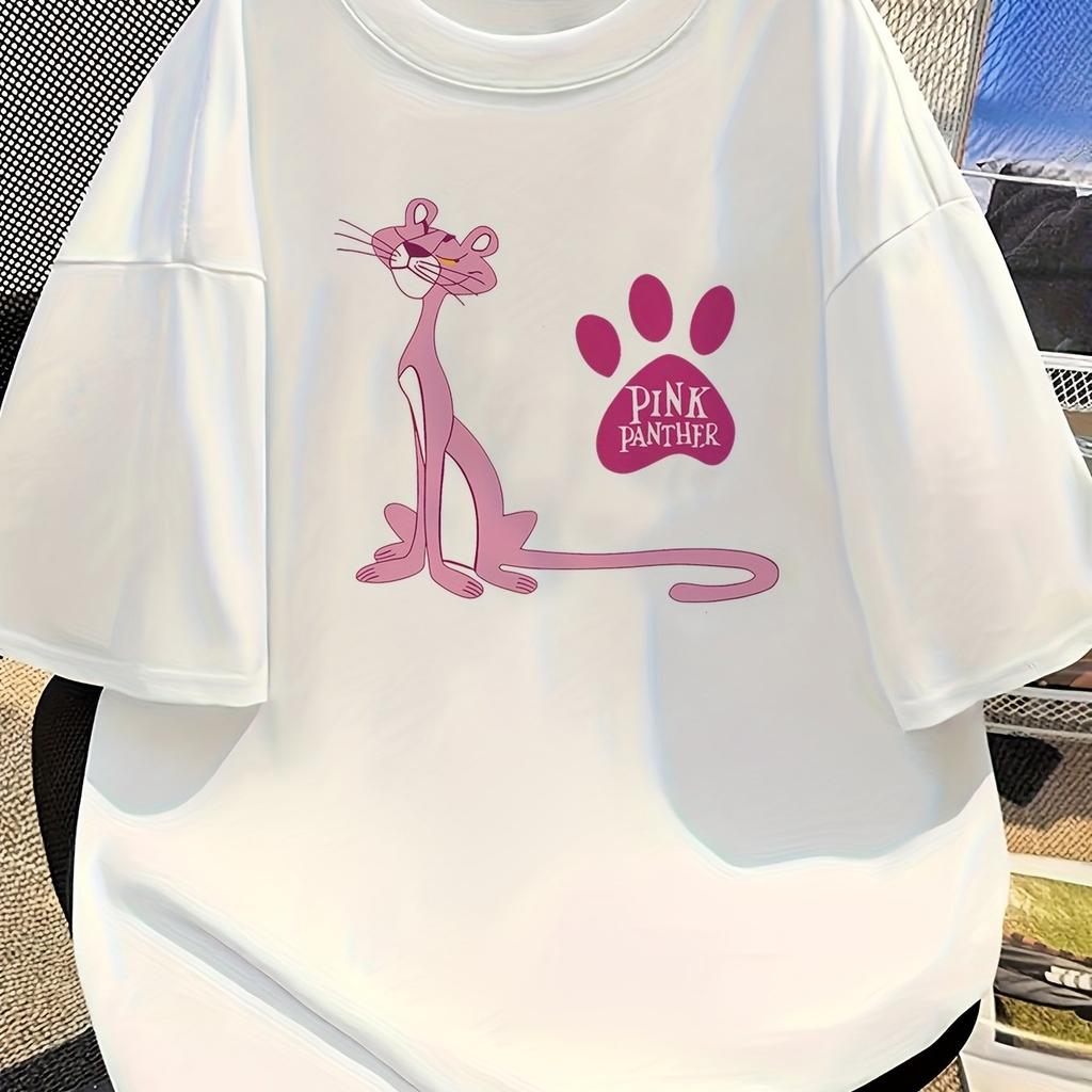 Sommar Ny Rosa Pantern T-shirt Y2K Mode Lös Casual Mångsidig Kortärmad Toppar Söt Rosa Pantern Kortärmad Toppar