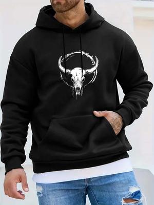 Bull Head Skull Distressed Texture Vintage Pattern Element Streetwear Brand Print Casual Sport Outdoor Unisex Hoodie Long Sleeve Sweatshirt Unisex Top