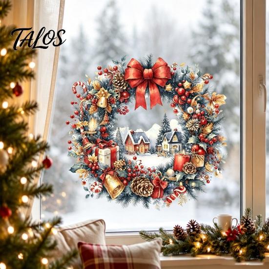 Festive Wreath Decorations Watercolor Christmas Static Window Cling, Reusable Xmas Sticker with Red Bow Seasonal Home Decor Winter Snowy Decal,