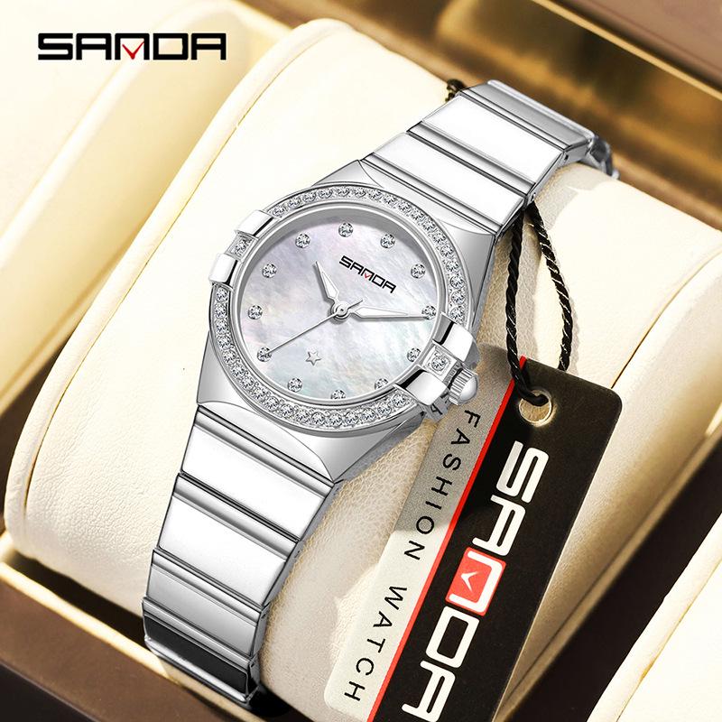 SANDA Dames Luminous Kwarts Horloge: Stalen Band, Bez Diamonds, Waterdicht, met Sunray Parelmoer Wijzerplaat.