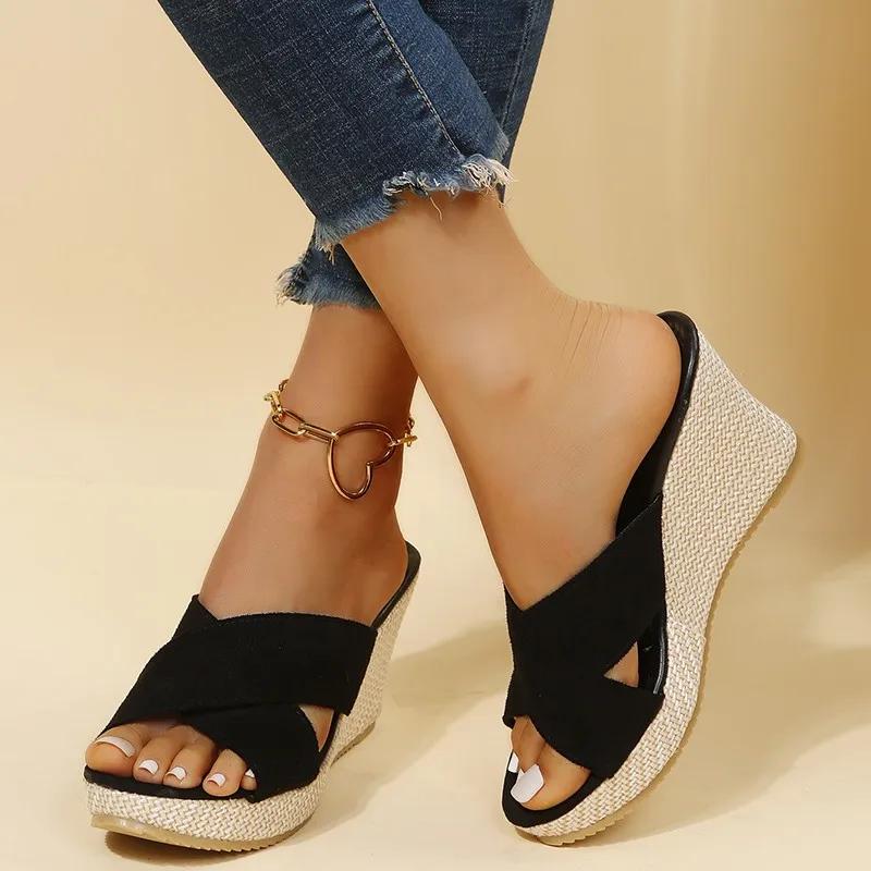 Fashionable Fish Mouth Hollow Breathable Wedge New Women's Shoes Comfortable Casual Increased Elegant Slippers Zapatos Mujer
