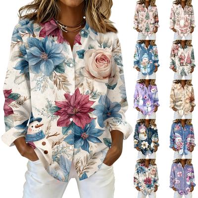 Women's Christmas Printed Button Up Long Sleeved Casual Regular Shirt With Collar Top