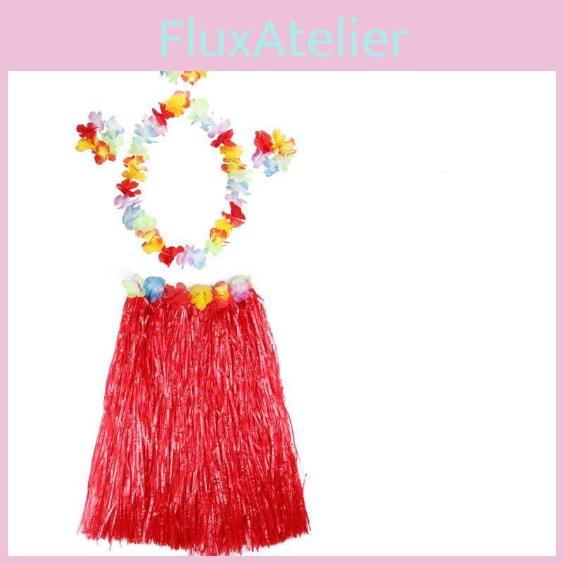 Kids Cute Hawaiian Grass Hula Lei Skirt Flower Wristband Garland Costume Fancy
