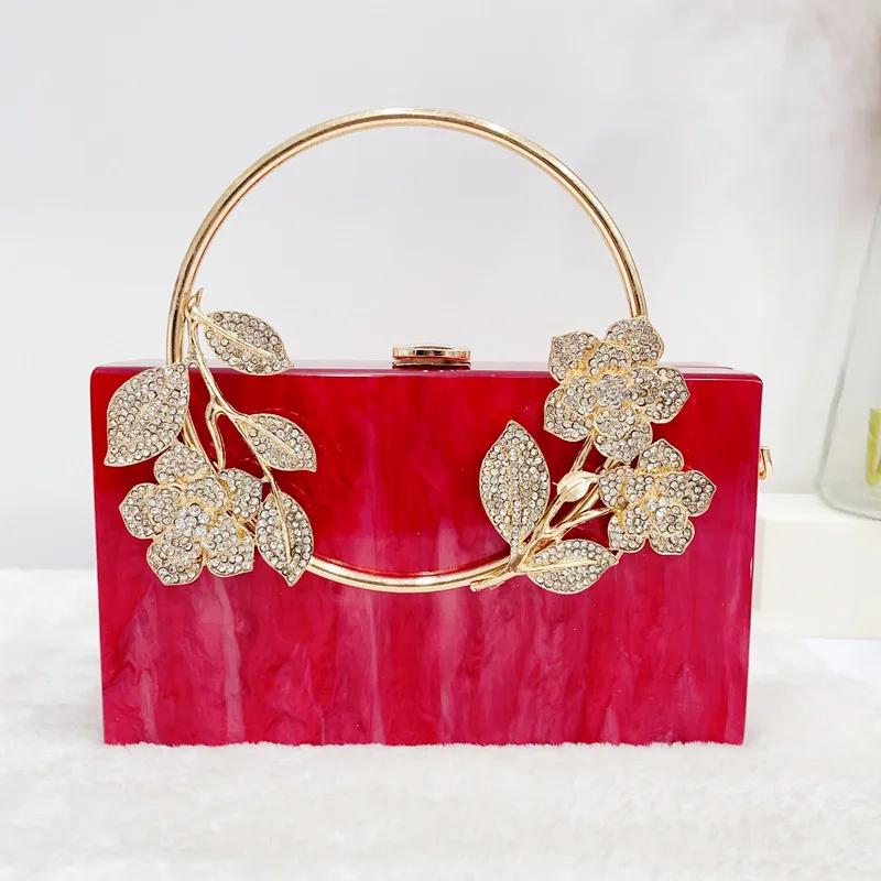 2024 New Acrylic Handbags Ladies Diamonds Leaves Flowers Evening Bags Handheld Crossbody Party Wedding Women's Small Square Bags
