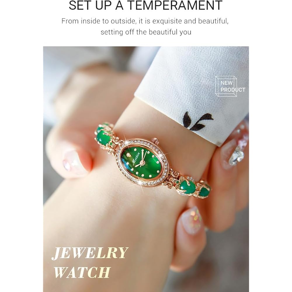 "Elegant Women's Bracelet Watch Green Crystal Waterproof Quartz Simple Rose Gold"