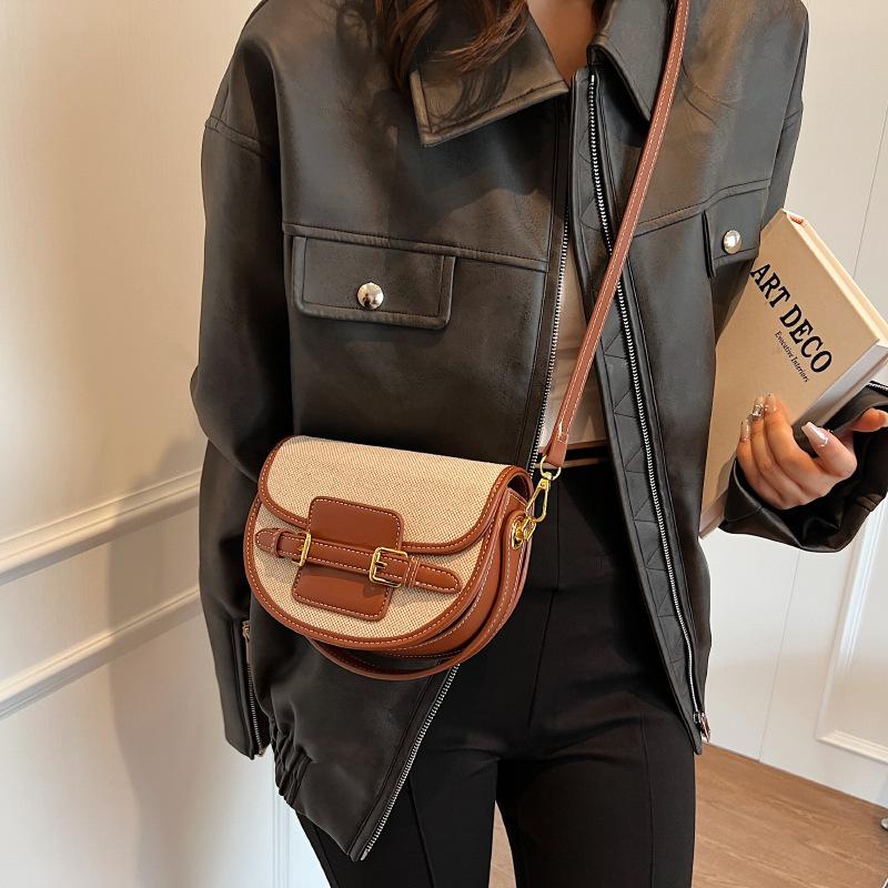 Trendy Canvas Contrasting Color Hand-held Saddle Bag, Niche High-end Sense, One Shoulder Crossbody Bag, Versatile