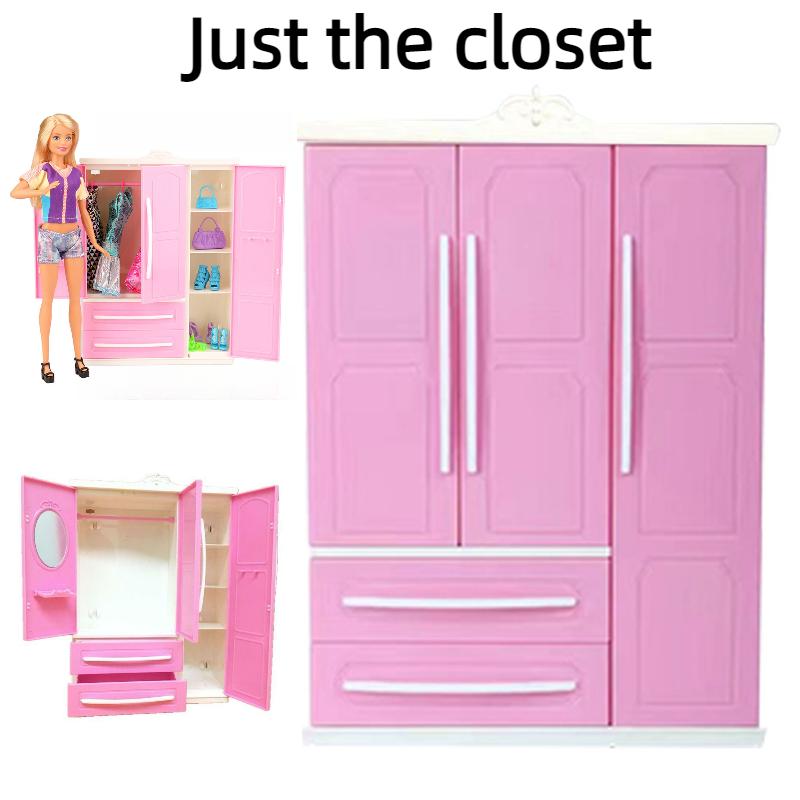 Doll Wardrobe Barbie Toys Threedoor Furniture Plastic Clothes Cabinet Storage