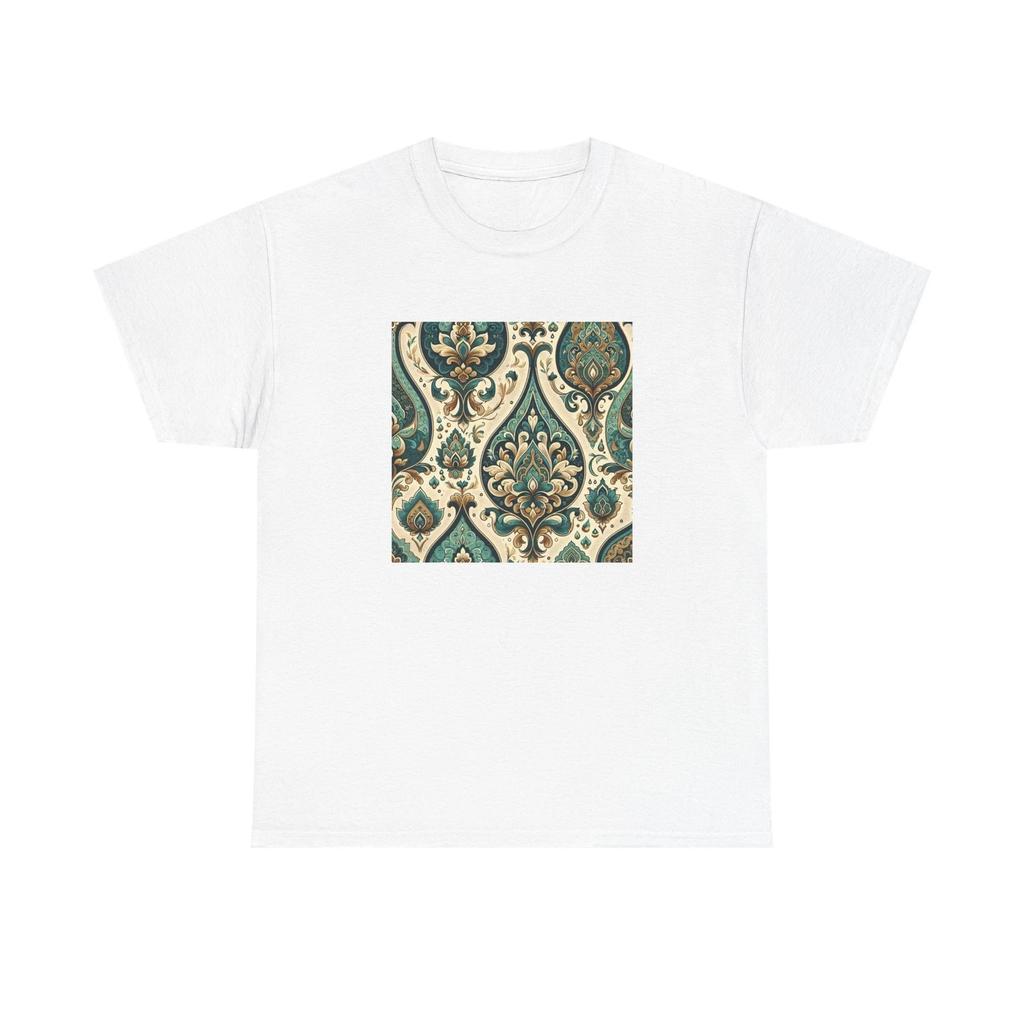 Unisex Adult T Shirt Vintage Style Persian Paisley Motif Teal/Gold