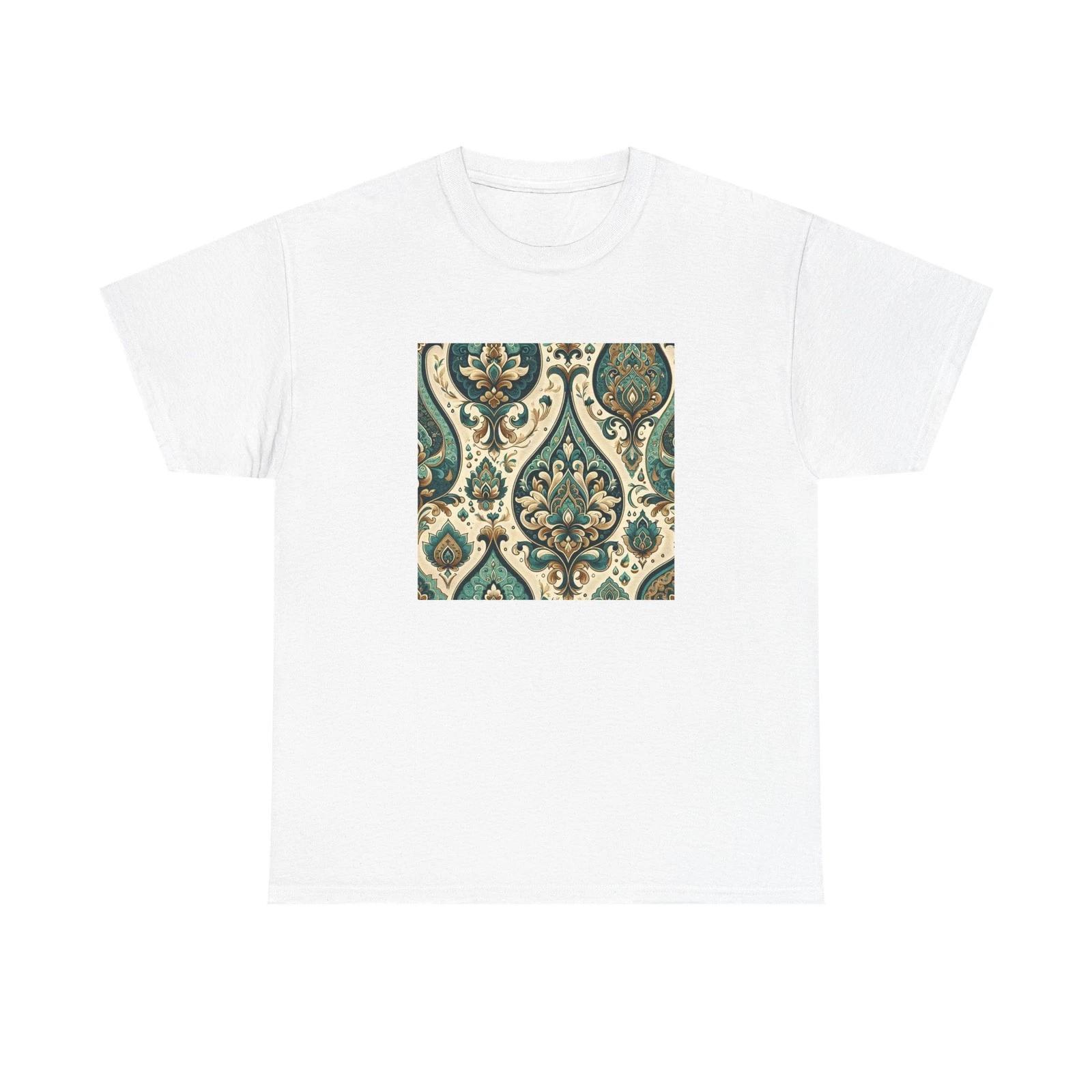 Unisex Adult T Shirt Vintage Style Persian Paisley Motif Teal/Gold 4XL