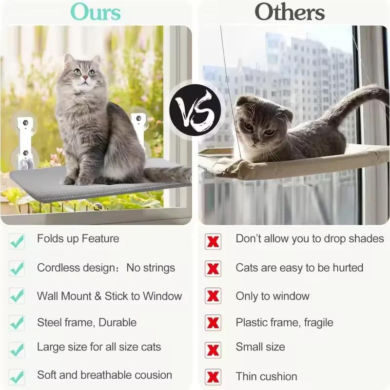 Foldable Cat Window Perch Cordless Cat Hammock Strong Suction Cups Breathable Scratch Resistant Cat Bed Sturdy Steel Frame