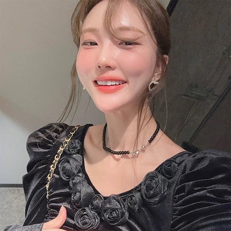 Black Beaded Heart Necklace: Summer Luxury Hip Hop Clavicle Chain