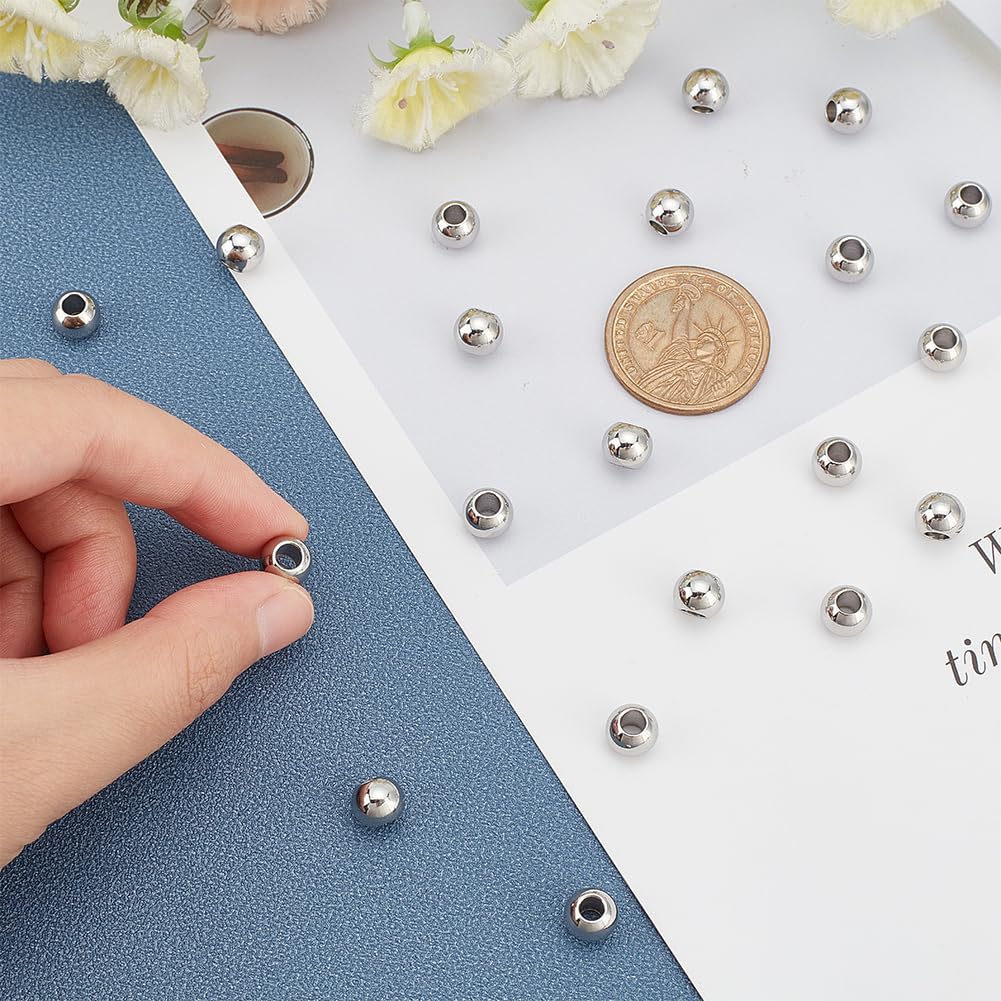 Tarnish Resistant Round 202 Stainless Steel Beads, Stainless Steel Color, 8x6.5mm, Hole: 3.5mm
