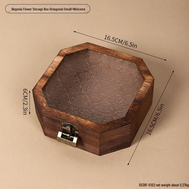 Retro Begonia Glass Lid Wooden Storage Box for Sundries, Dried Fruits, Cosmetics, and Documents