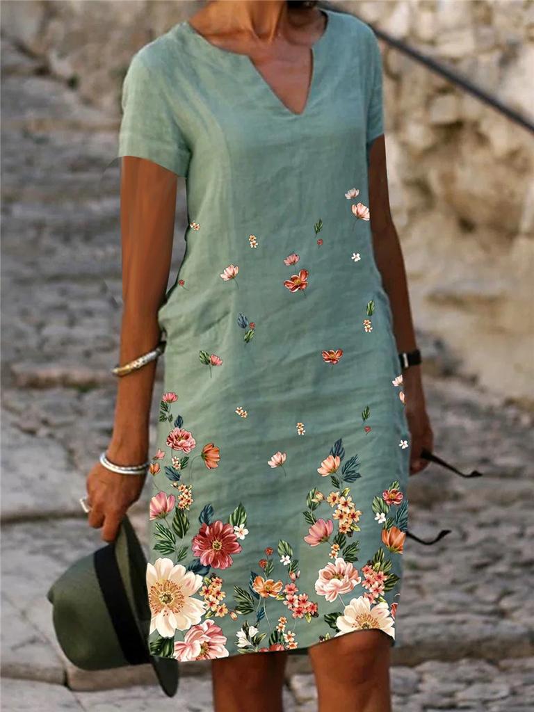 Summer Elegant Women Dress Oversize Flower Printed V-neck Dresses Female Spring Beach Casual Loose Dress