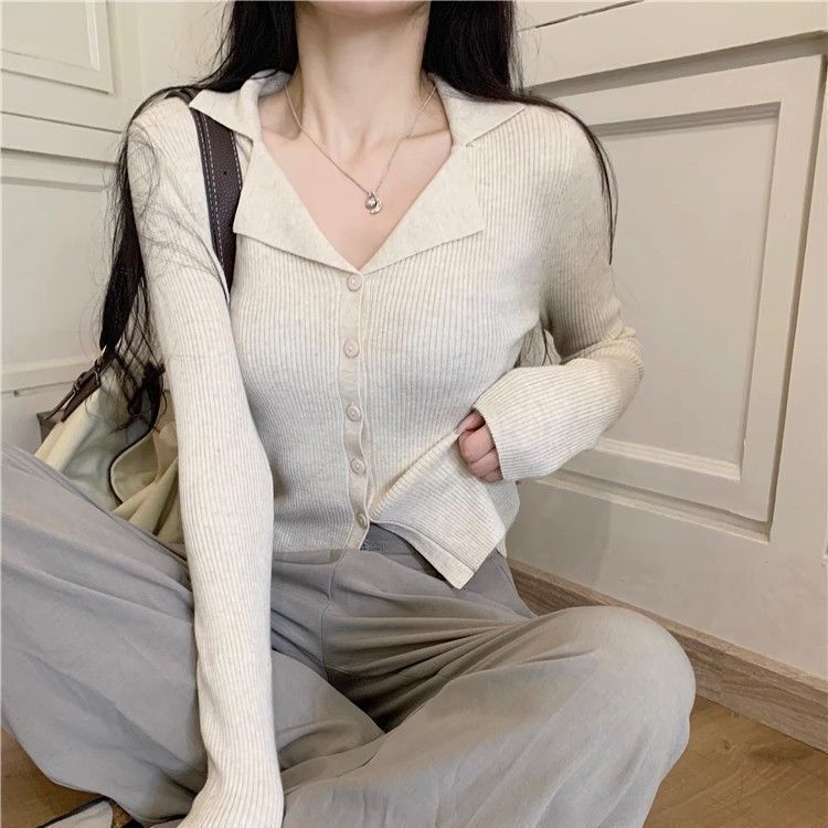 

Пальто Накидка Длинный Рукав Серый Кардиган Женский Ранняя Осень V-образный Вырез Отложной Воротник Вязаный Топ Приталенный Базовый Слой Рубашка One Size