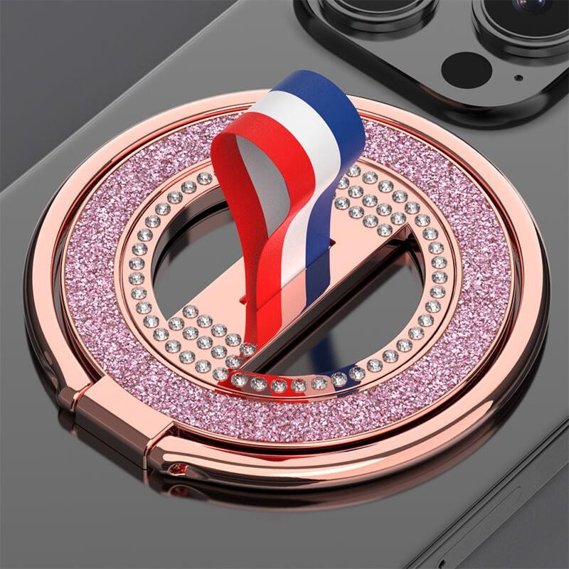 Magnetic Phone Holder With Rhinestone Accents 360 Rotating Metal Ring Stand Desk Use MagSafe Compatible