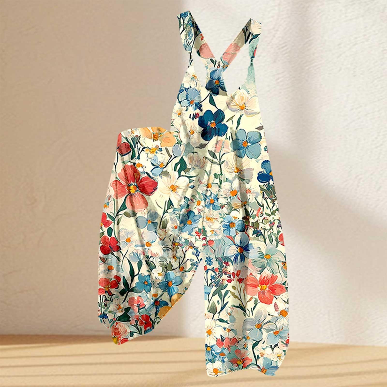 

Женский комбинезон с цветочным принтом, повседневный свободный комбинезон из хлопка и льна S бежевый