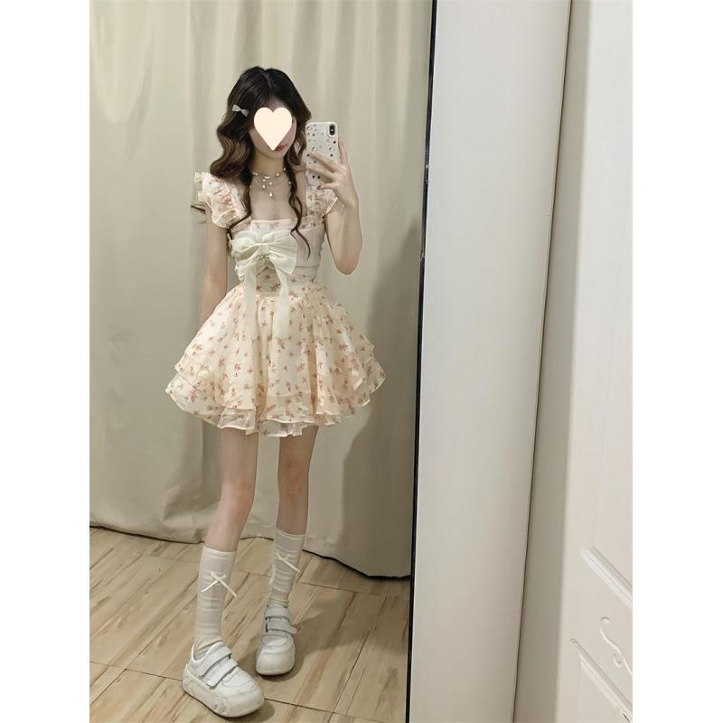 Small fresh floral gauze skirt Japanese sweet butterfly age-reducing small fluffy princess skirt waist and thin A-shaped skirt